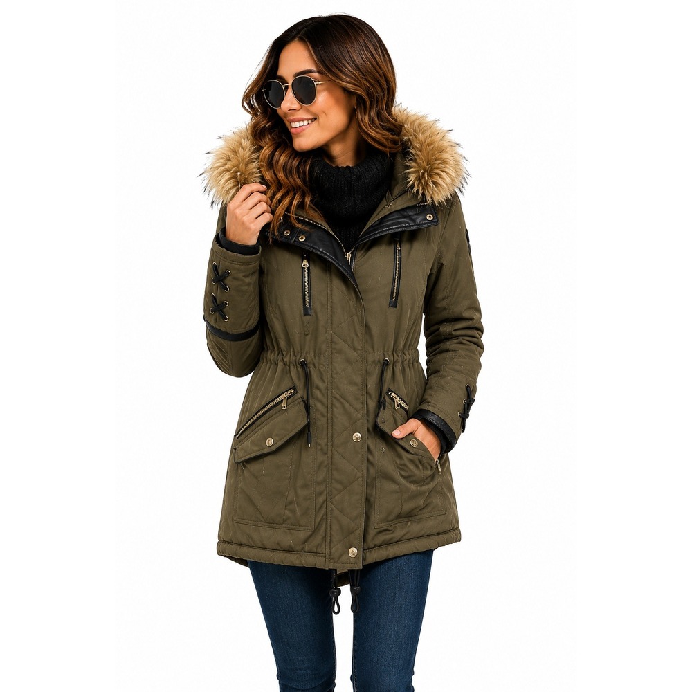 GUESS Faux Fur Trim Hooded‎ Parka Jacket Medium Olive Green Winter Coat